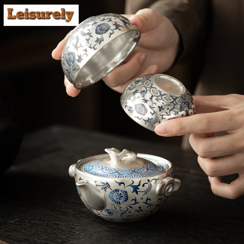 Gilt Silver Twining Lotus Travel Tea Set Kit Zen 1 Pot 2 Cups Tea Brewing Organizer Portable Picnic Tote Bag White Porcelain Set