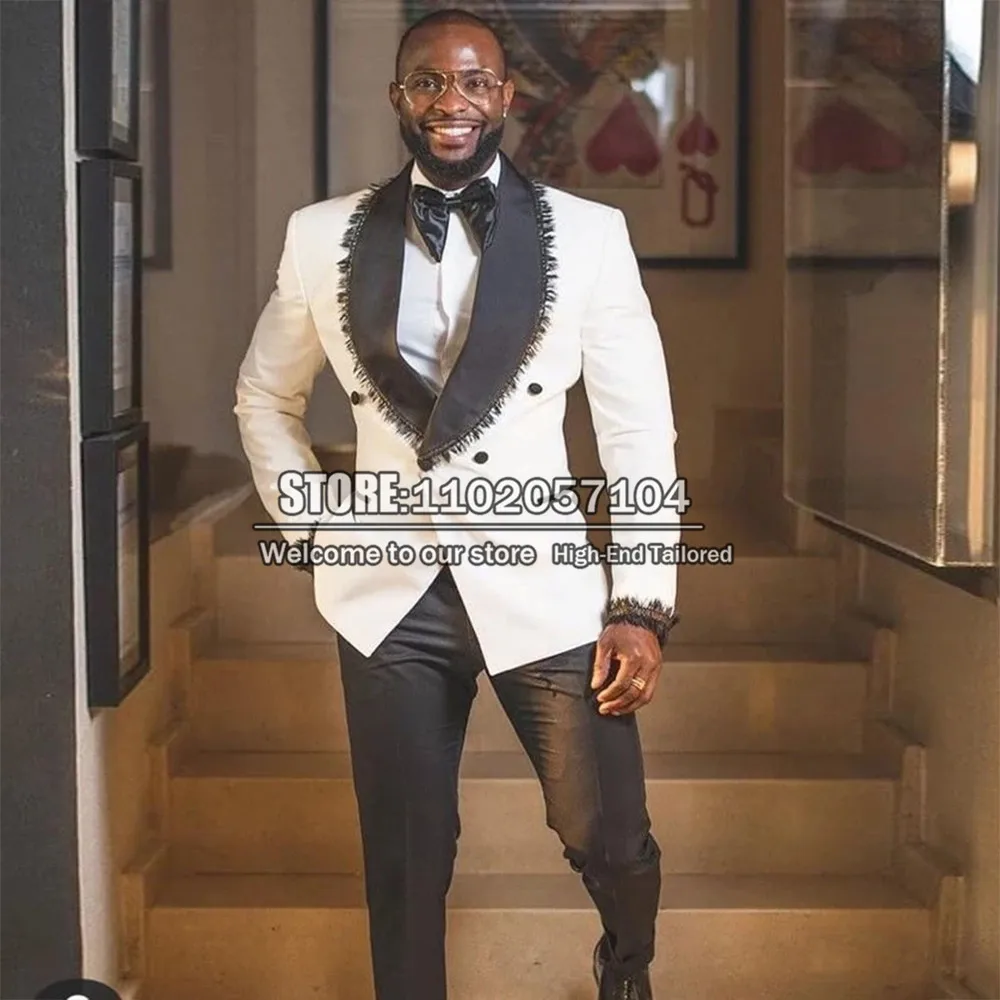 

Regular Men Suits Black/White Coat Pant Design Latest Smoking Business Groom Wear Evening Party Dress Costume Homme Africain