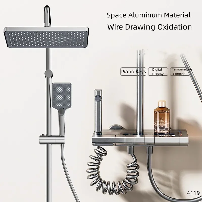 

Space Aluminum Shower Set Digital Display Faucet Set , Piano Button With Ambient Light Bathroom Faucets Shower Head