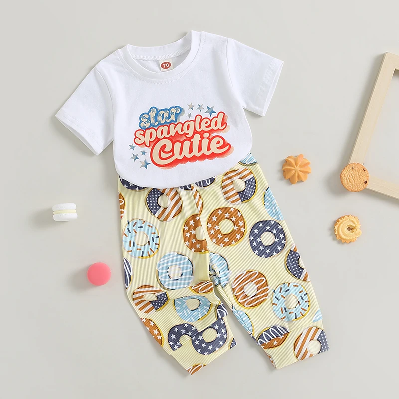 

Baby Girls Summer Outfit Letters Print Short Sleeve Crew Neck T-shirt with Striped Long Pants Clothes