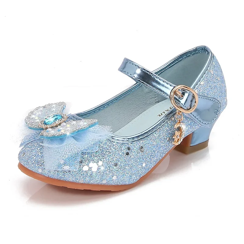 Girl Leather Shoes Mary Jane Sequins Bowtie Children Causal Wedding Party Dress Shoes Fashion Kids Princess Glitter High Heels