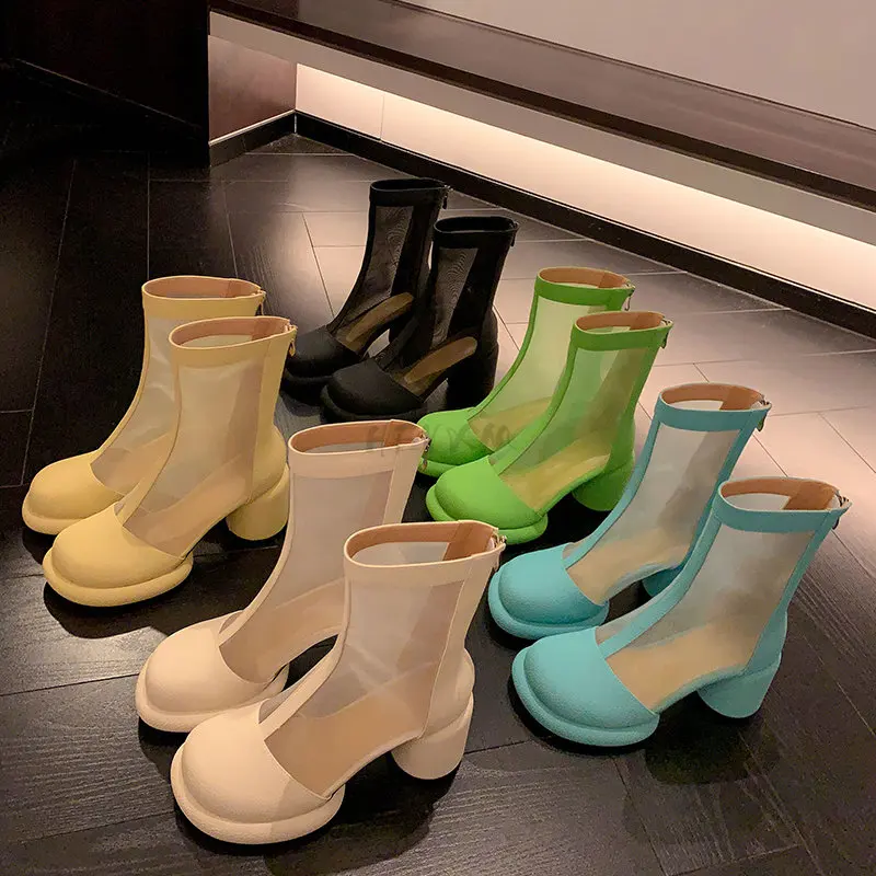 

2023 Summer Women Cool Boots Fashion Round Head Round Heel Zipper Bare Boots Cutout Mesh Heeled Ankle Boots Colored Mesh Sandals