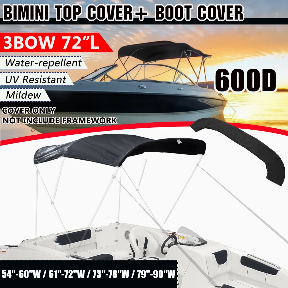 600D 3 Bow Bimini Top Boot Cover No Frame Waterproof Yacht Boat Cover With Zipper Anti UV