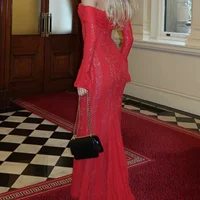 Oligai Autumn Off-Shoulder Maxi Dress Elegant Lace Flare Sleeves Red Evening Party Dress Women's New Arrival 2025 Cocktail Dress - Image 5