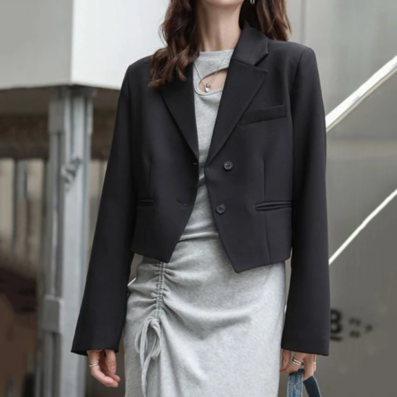 Fashion Design Cropped Suit Jacket Women 2025 Autumn Long Sleeve Korean Blazers Woman Solid Color Single-Breasted Office Coat