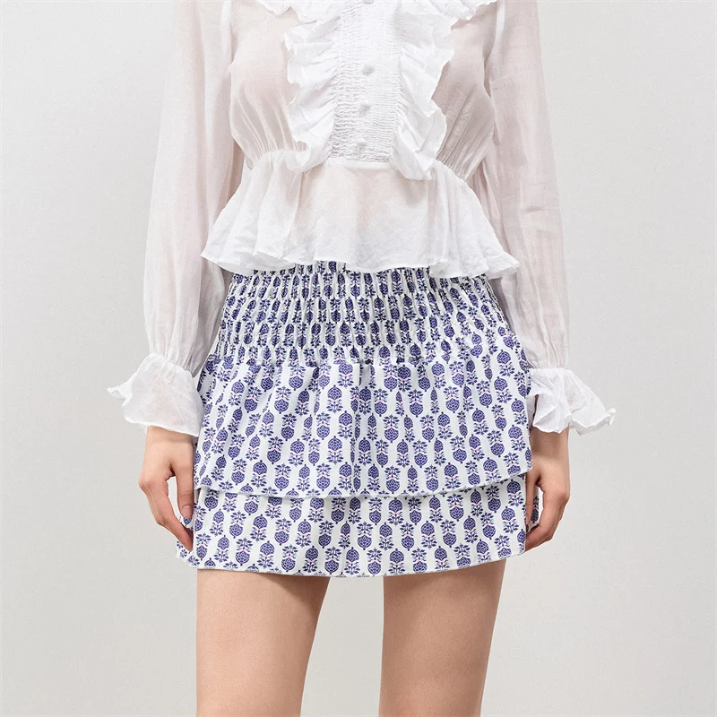 Minifalda de verano para mujer, con estampado floral, elástica, de cintura alta, con volantes escalonados, faldas cortas de corte A, faldas para salir, ropa de calle