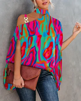 Loose Halter Neck Shawl Top Stylish Halter Neck Bat Sleeve Blouse for Women Loose Fit Pullover Tops with Skew Collar for Summer 1