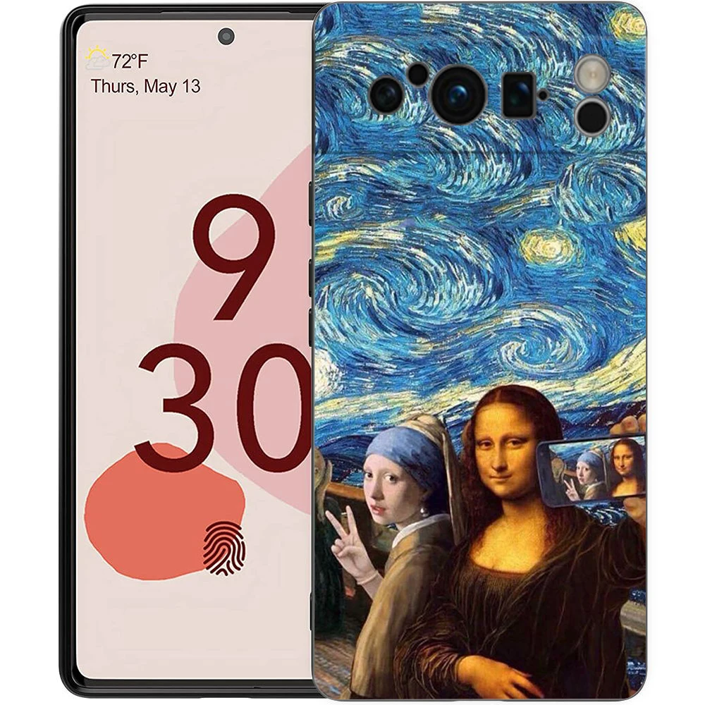 Artistic Shockproof Black Silicone Phone Case with David and Mona Lisa Design