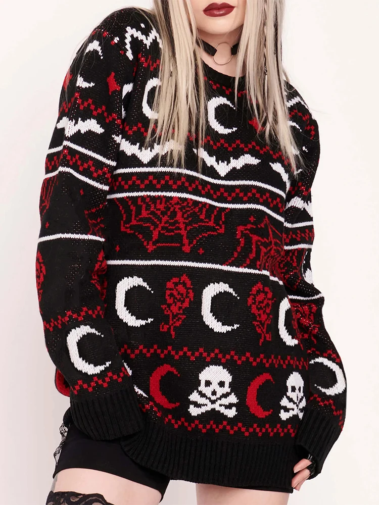 Yangelo Gothic Moon Skull Pattern Sweater Women's Knit Top