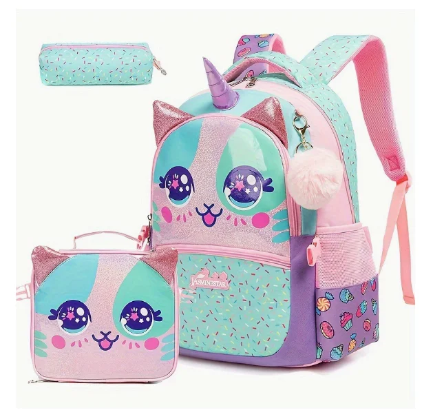 Elementary School Backpack Children kindergarten 17 inch School Bag Set Lunch Bag Pen Bag 3 in 1 Girls School Bookbag for Girls 1
