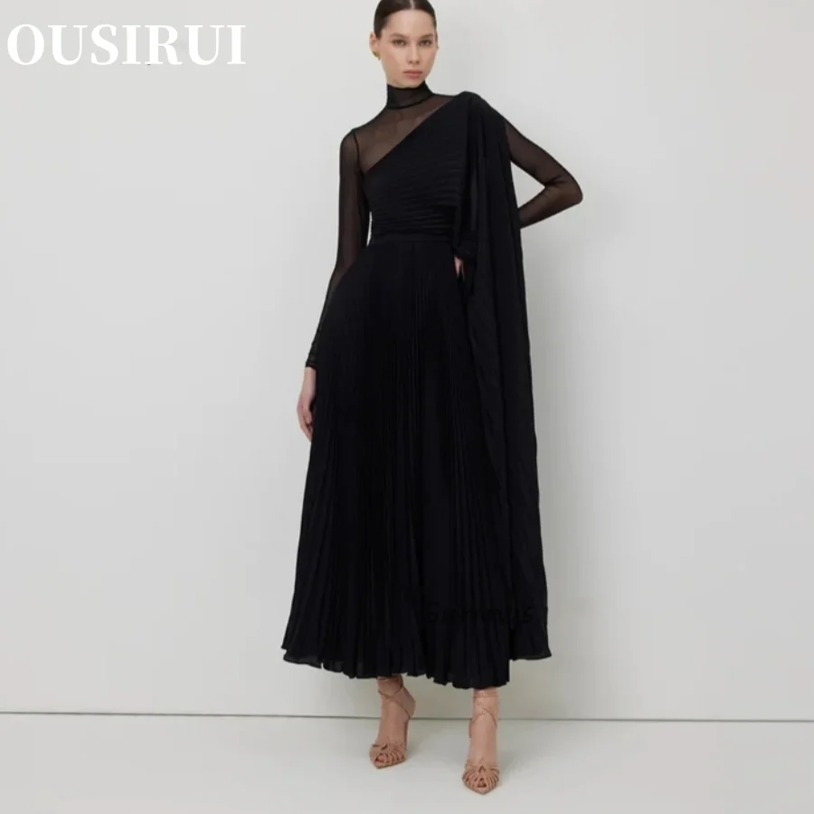 

OUSIRUI Special Occasion Prom Gowns Trendy Formal Event Dress Sheer Modern Black Chiffon Evening Party Dresses Pleats vestidos