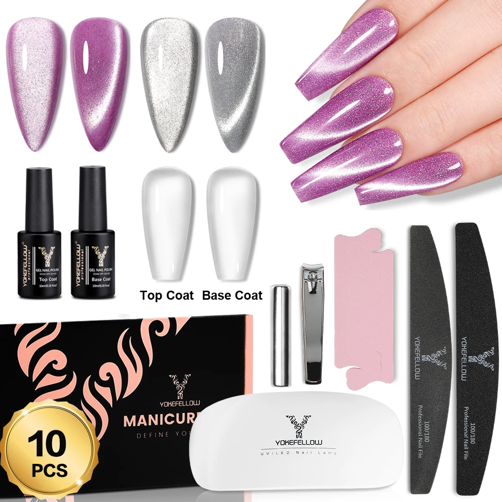 10 Teile Starter KIT 2 x 10ml Cat Eye Nagellack, Nageltrockner, Nagelfeilen, Top & Base Coat, Maniküre Set 1