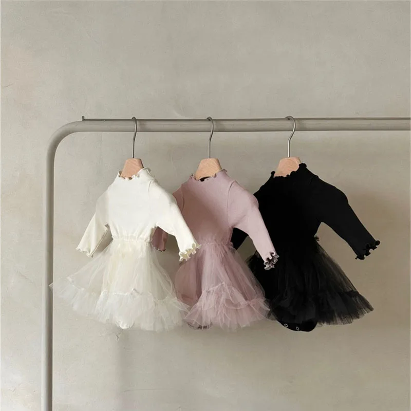 Cute Baby Girls Solid Color Bodysuit Dress