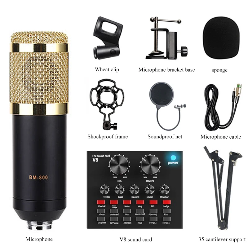 Professional Audio DJ 10 Sound Card Set BM800 900 Mic Studio Condenser  Microphone for Karaoke Podcast Recording Live Streaming