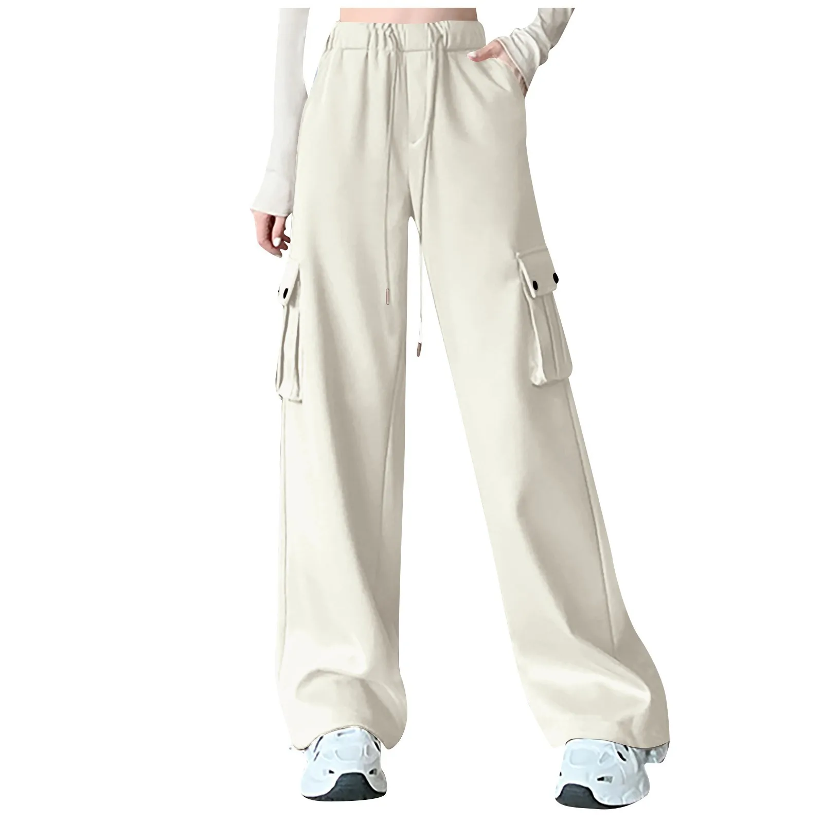 

Women'S Drawstring Elastic Waist Solid Casual Pants Straight Leg Pants With Pockets Casual Straight Loose Trousers Pantalones