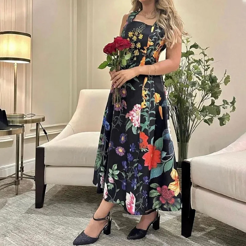 

Ladies Floral Sleeveless V-Neck High Waist Fitted Trumpet Dress Autumn Dating Stunning Casual Dress