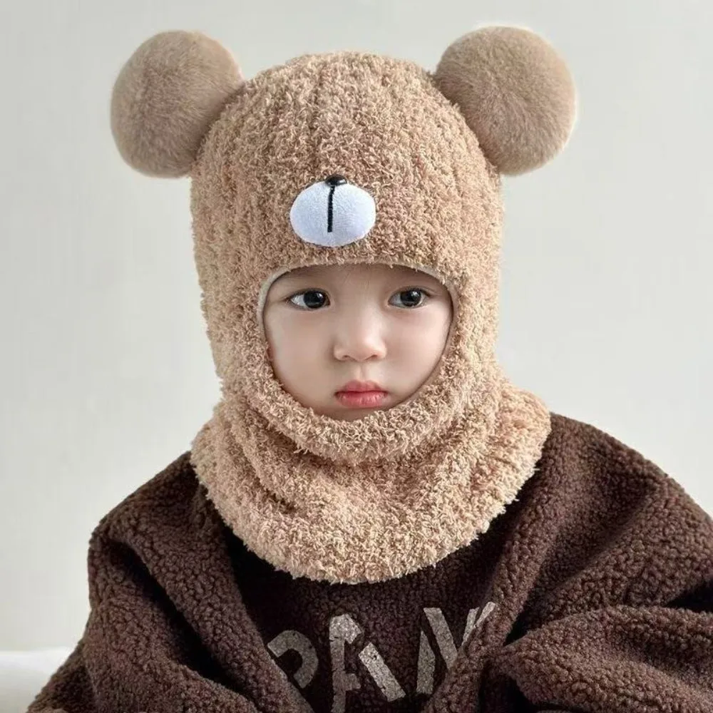 New Warm Scarf Mask Integrated Hat Windproof Cute Bear Neck Warmer Coldproof Knitted Pullover Cap 3-36M