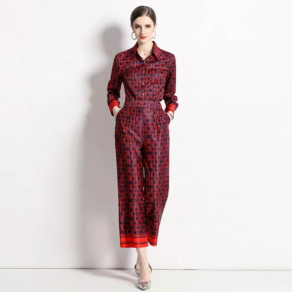 

Runway Letters Print Red Trousers Sets Women's Long Sleeve Blouse Shirts + High Waist Wide Leg Pants 2 Pieces Set Women