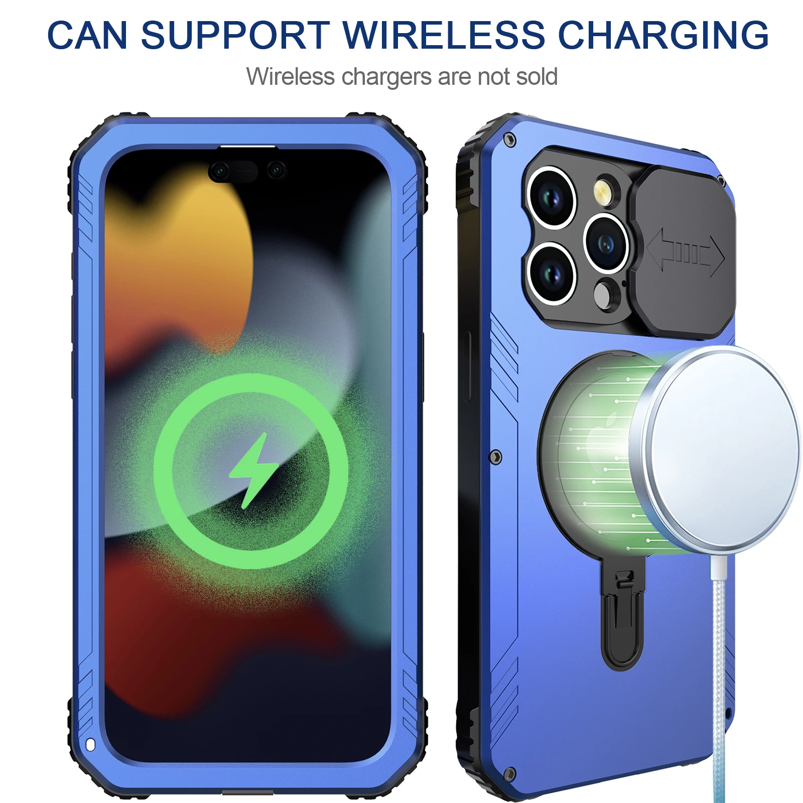 Heavy Metal Shockproof Case For iPhone 15 Pro Max 15 Case Wireless Charging Camera Protection Slide Bracket Aluminum Glass Cover