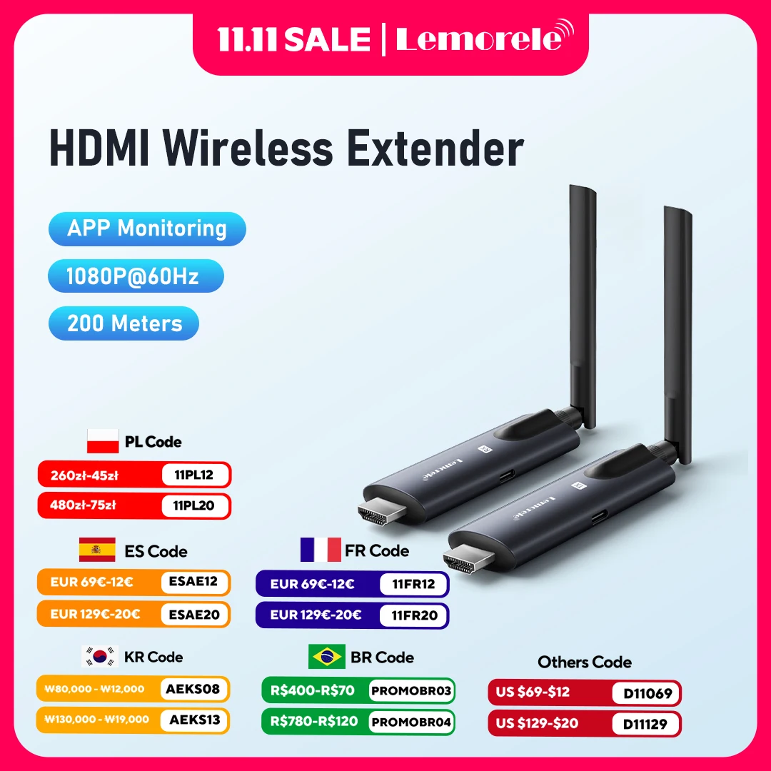 Lemorele-ワイヤレスHDMI送信機および受信機,5g,200m,Bluetooth会議