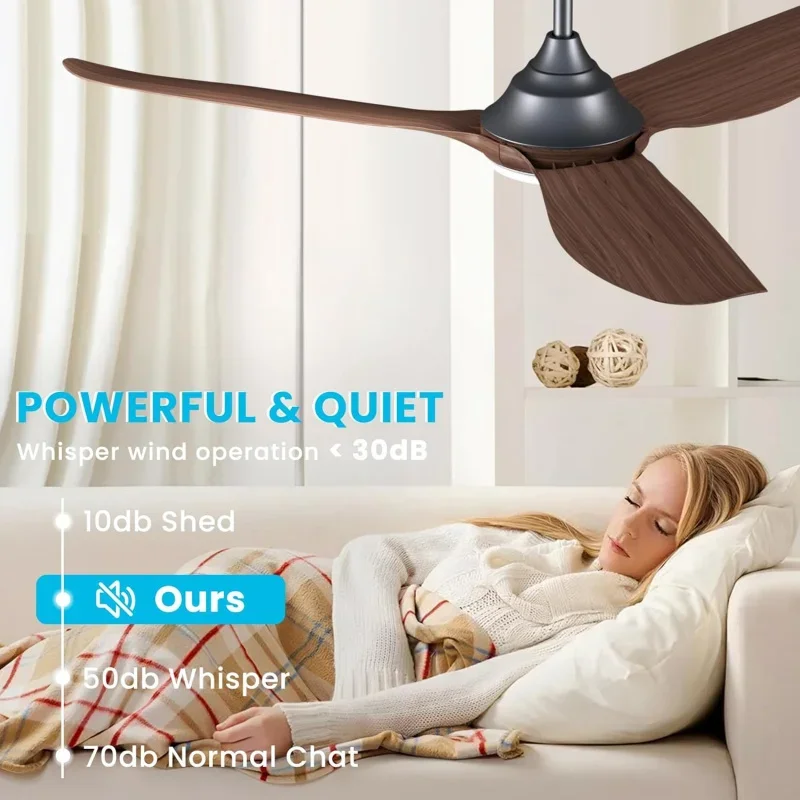 QW58'' Wood Fans Lights,Bedroom Ceiling Fan With Remote 3 Blades,5 Speeds,LED Dimmable 3000K/4000K/6500K,Rev
