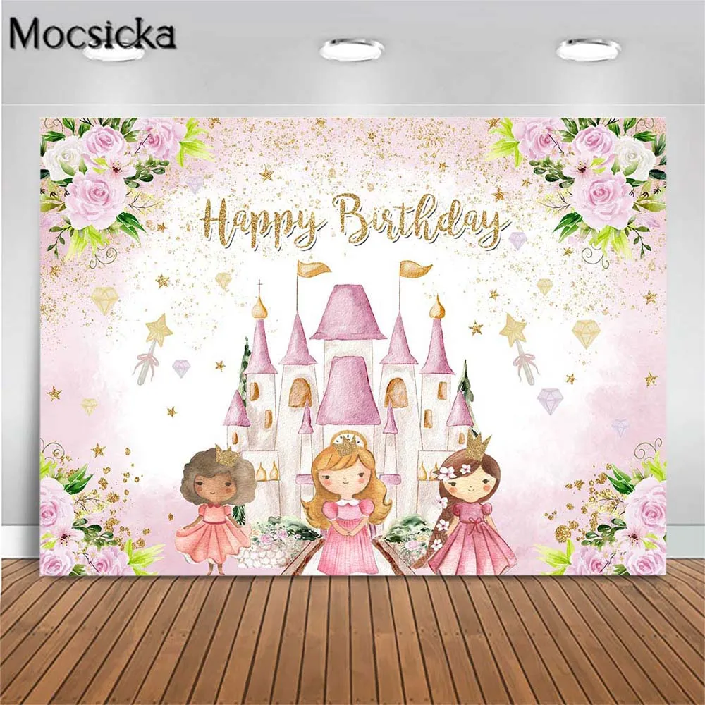 

Mocsicka Girl Birthday Backdrop Castle Sweet Princess Birthday Party Photography Background Custom Banner Studio Photocall Props