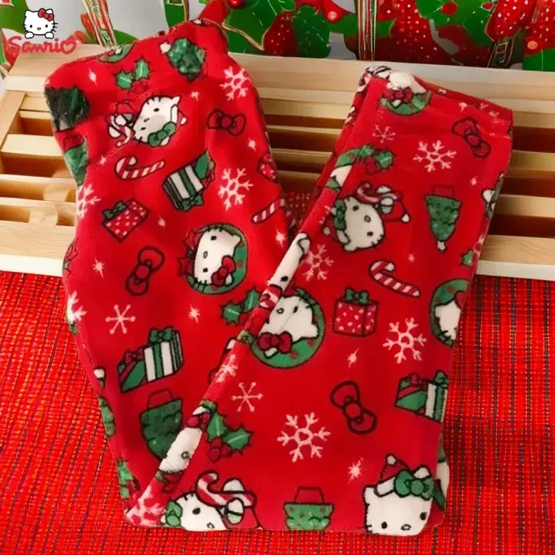 

2023 Sanrioed Kt Cat Pajamas Halloween Flannel Fashion Trouserswomen Kawaii Woolen Anime Cartoon Casual Home Pants Autumn Y2K