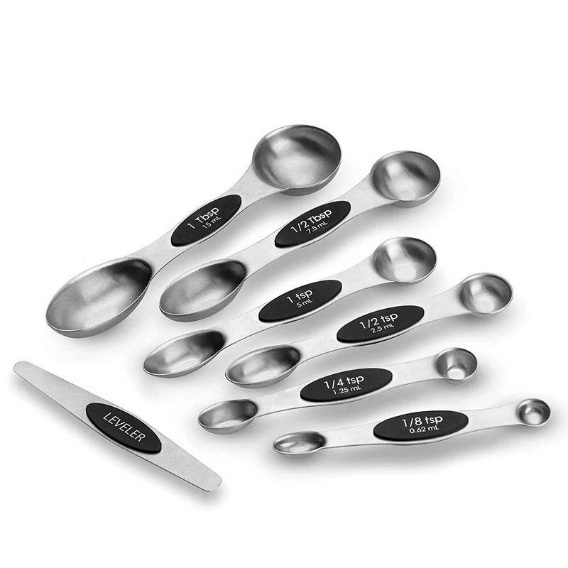 8pc Magnetic Measuring Spoon Set Dual Sided Dry & Liquid Narrow Stackable  Metal