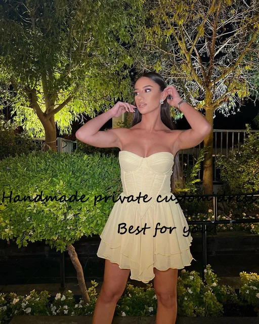 Vestido corto de gasa amarillo claro para mujer, ropa de fiesta de