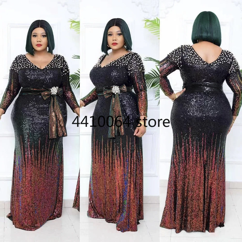 Sexy V Neck Black Sequin Dinner Gown Women Diashiki African Prom Wedding Party Dresses Elegant Dubai Abaya Long Maxi Dress african pants