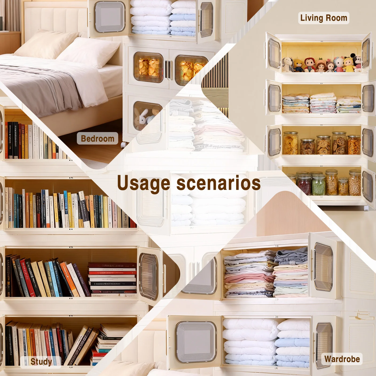 4 Pack Foldable Storage Box with Wheels and Magnetic Doors Plastic Storage Bins Wardrobe Organizer and Pantry for Home