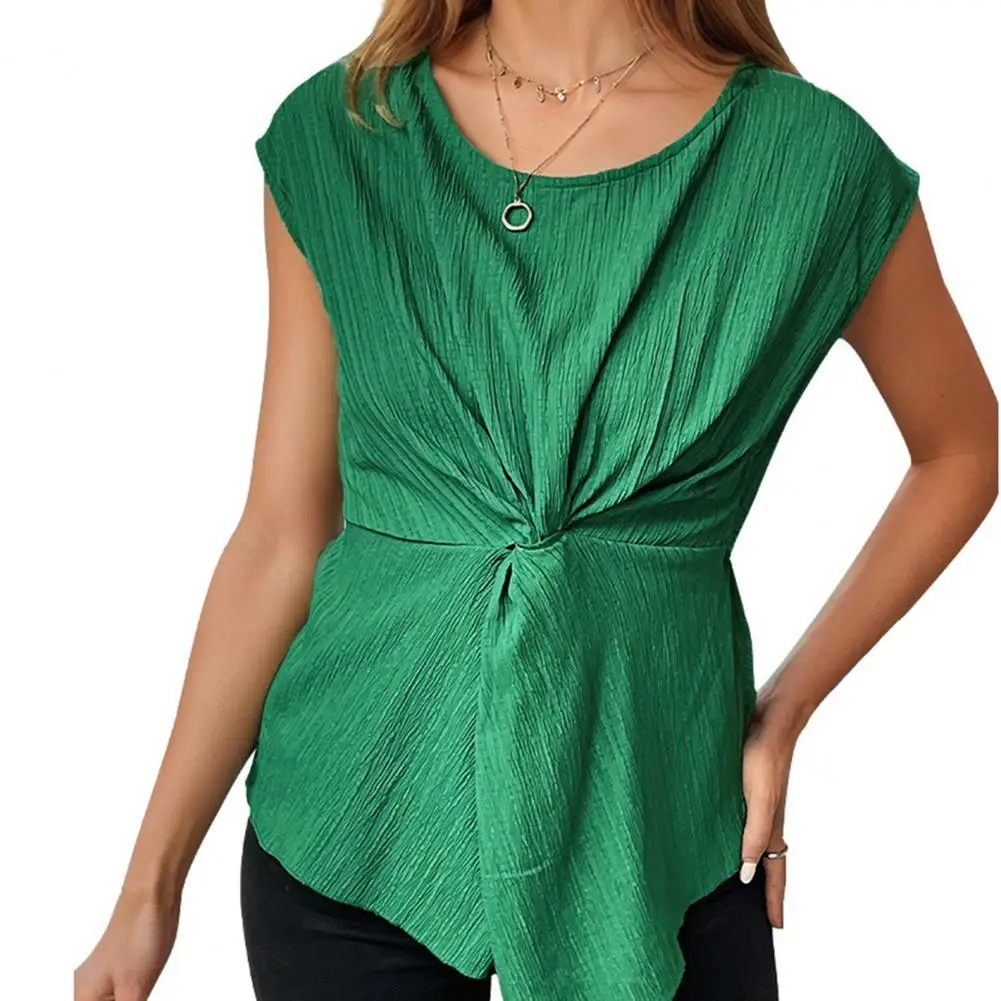 

Spring Summer Women Shirt O-neck Short Sleeve Solid Color Tops Twist Knotted Design Loose Commuter camisas de mujer