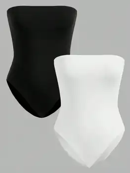 2 Pieces Women’s Seamless Strapless Bodysuits – Black & White, Slim Fit, Tube Top Style, Comfortable Stretch Fabric