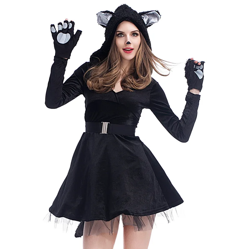

Sexy Animal Black Cat Costume Cosplay Animal Wear Black Cat Hooded With Paws Tail Carnival Halloween Performance Fancy Party Set