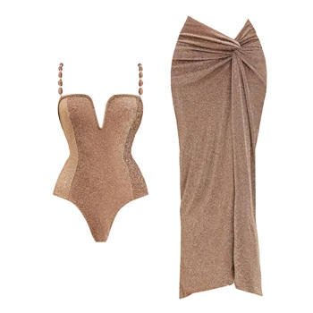 3Pcs Push Up Swimsuit With Long Skirt Sexy Women Swimwear Female Bikini V Neck Swimming Suit Shiny Bodysuit Beachwear Cover Up