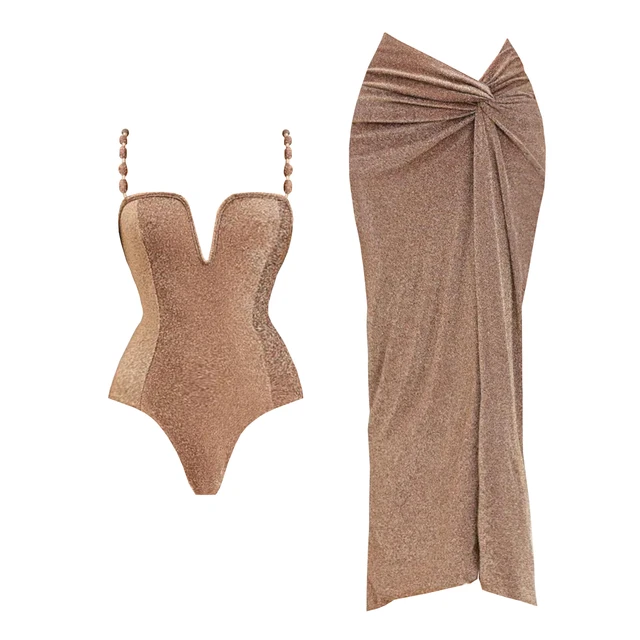 3Pcs Push Up Swimsuit With Long Skirt Sexy Women Swimwear Female Bikini V Neck Swimming Suit Shiny Bodysuit Beachwear Cover Up 1