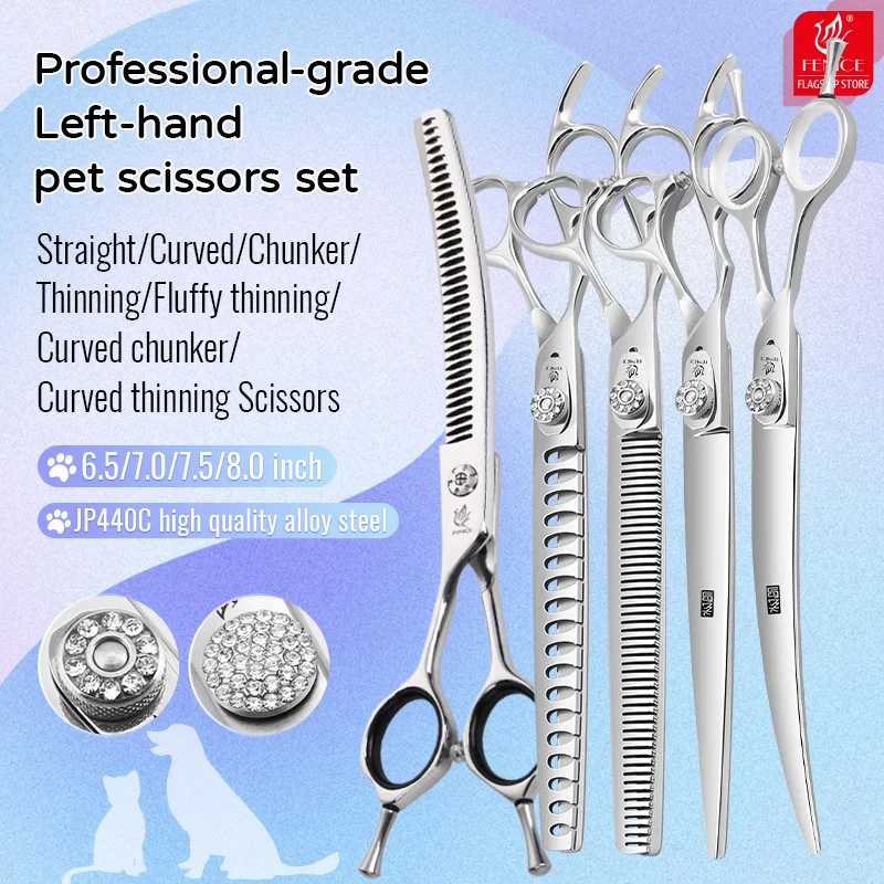 Left-handed Professional Cutting Curved Fluffy Thinning Chunker Scissors Set Kit 7.0/7.5/8 inch Pet Dog Grooming dog grooming scissors dog grooming scissors kit