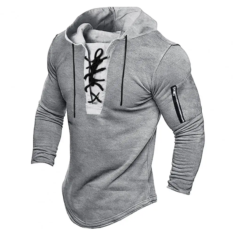 

Men Solid Color Hoodie Vintage Lace-up Hoodie for Men Stylish Zipper Decor Slim Fit Pullover Top for Spring Fall Wear