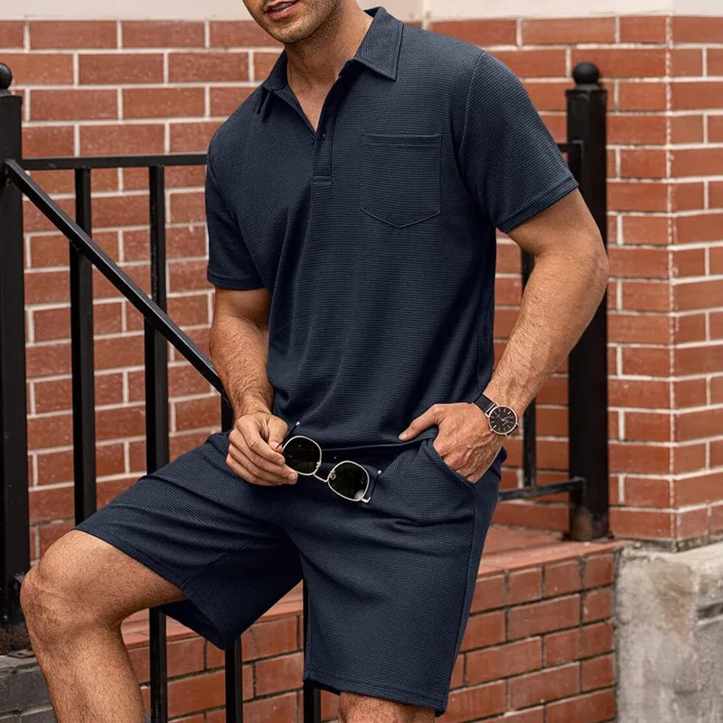 2026 Herren Slim Fit Polo-Shirt und Shorts Set mit Taschen, Umlegekragen T-Shirt, Sommer Casual Zweiteiler Outfit – Detail 3