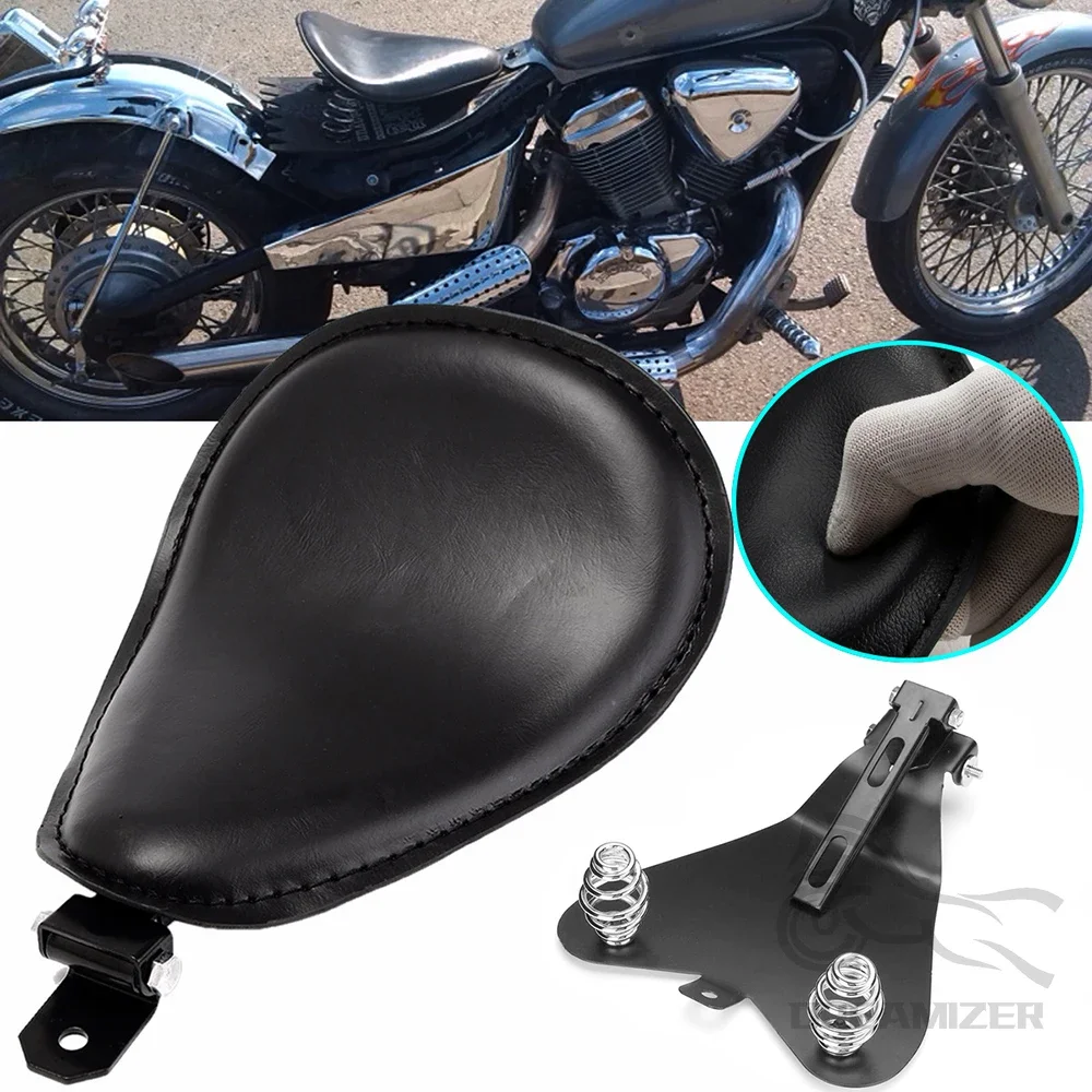 1Set Moto Retro Skull Style Leather Solo Saddle Seat Panche + 3 "Silver Spring Staffa Di Montaggio Base Per Harley Yamaha