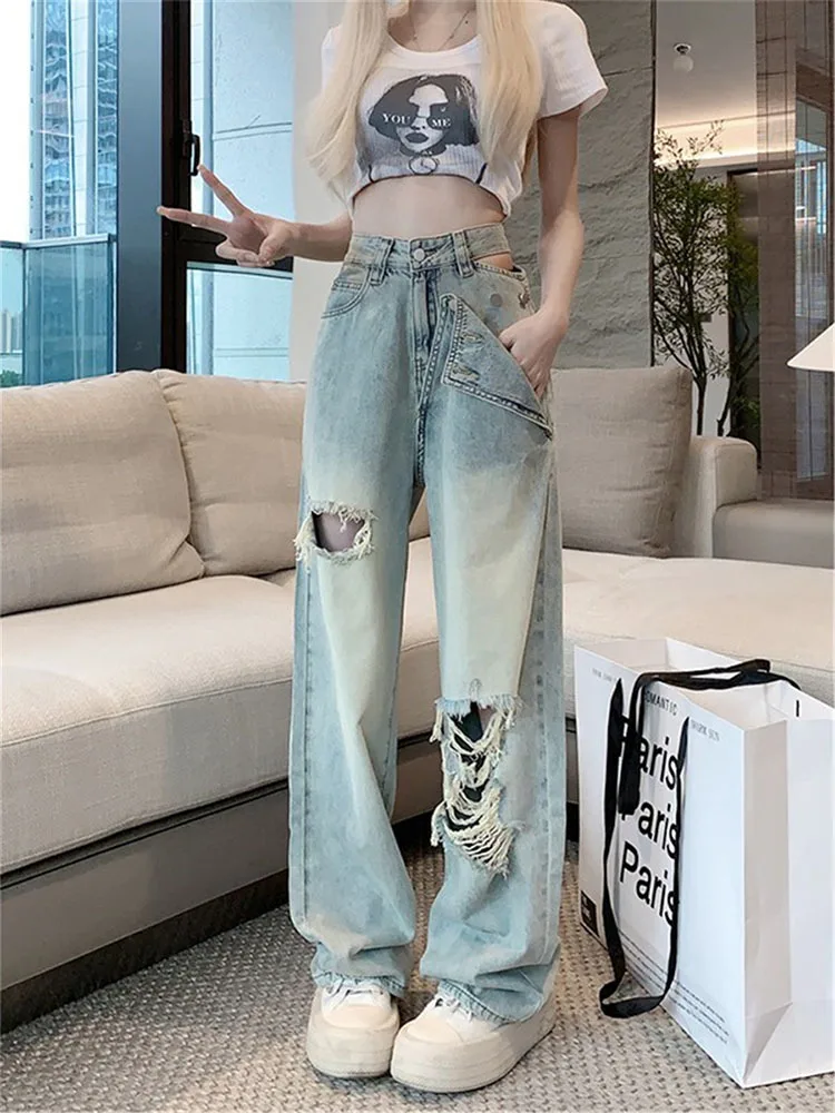 

Women's Multiple Hole Designs Blue Jeans Street Style American Casual Trousers Female High Waist Straight Loose Pants