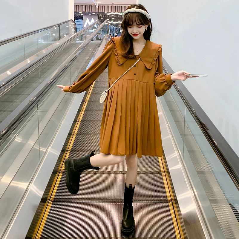 

French Style Fairy Pregnant Women Dress Nursing Peter Pan Collar High Waist Maternity Pleated Dress Pregnancy Lactation Dresses