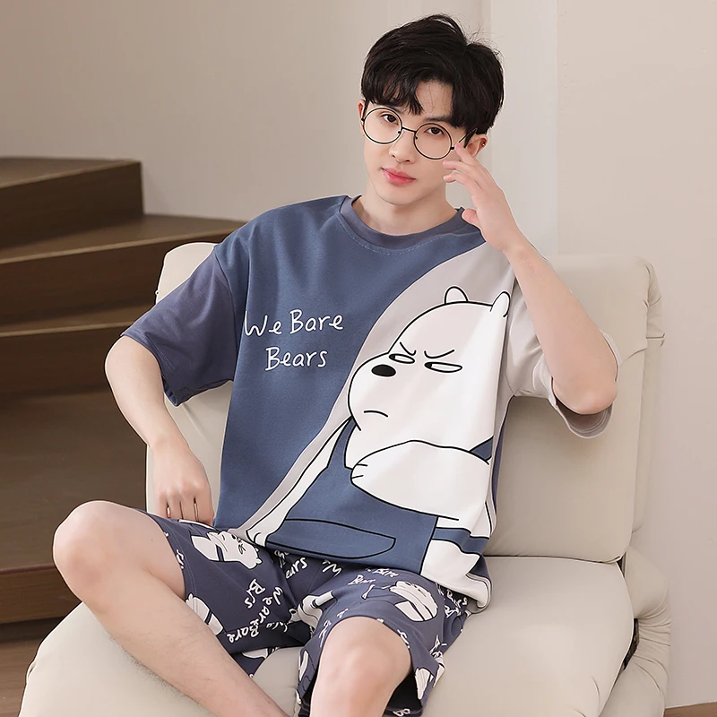 Dinosaur Cartoon Cotton Sleepwear for Men Summer Short Top Shorts Big Size L-4XL Pjs