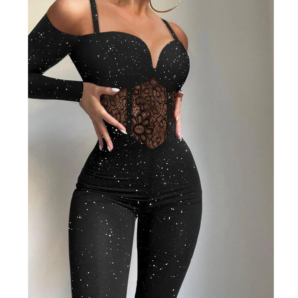 

Wepbel Lace Jumpsuit Women Club Party Wear Long Sleeve Bodycon Jumpsuits Rompers Sexy Strap Stitching Pencil Pants Jumpsuit