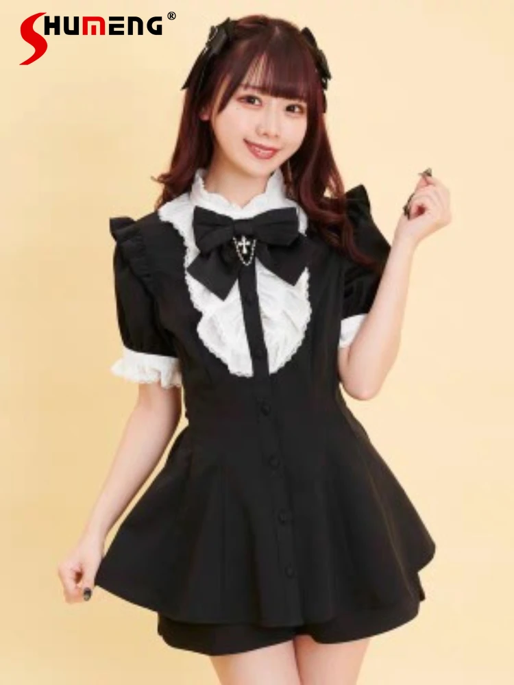 Japanese Women Outfit SC Suit Japanese Mine Mass-Produced Detachable Bow Black Short Sleeve Top and Non-Fading Shorts Suits 8 1 5 inch adjustable elastic band pen holder pu leather pen sleeve pouch elastic notebook pen holder detachable