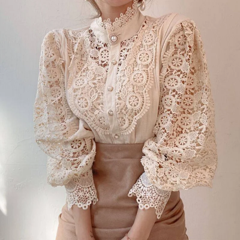 Women Long Sleeve Lace Blouse Shirt