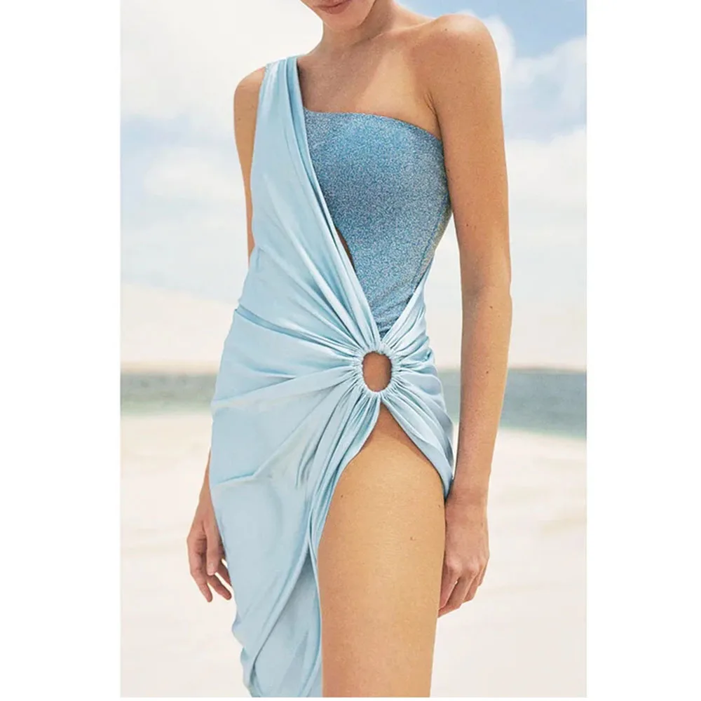 

Hollow out Beach Resort Swimsuits and Wrap Skirt Suits One Shoulder Diagonal Neck Swimwear 2023 Trend Sexy Micro Bikini Extreme