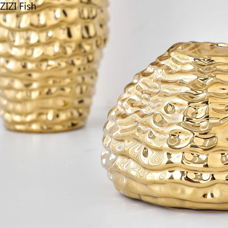 Golden Wrinkle Ceramic Vase Flowers Pots Desk Decoration Flower Arrangement Gold-plated Floral Vases Room Aesthetic Decor 5
