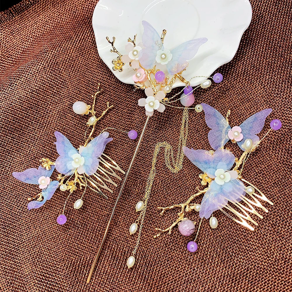 

Women Elegant Chinese Tassel Hanfu Tiara Traditional Hair Comb Sets Hair Buns Butterfly Hair Accessories