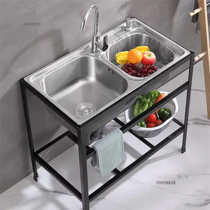 Thickened Stainless Steel Kitchen Sink with Bracket Single Bowl Double Bowl Dish Washing Sink Home Floor Vegetable Washing Basin 4